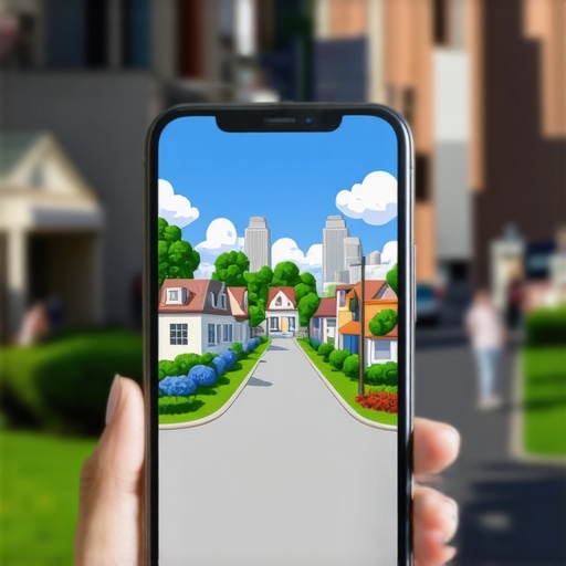 Mobile device showing an augmented reality interface with local landmarks and neighborhood highlights