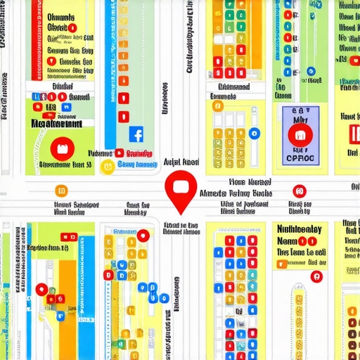 Vibrant neighborhood map highlighting local businesses and social media activity.