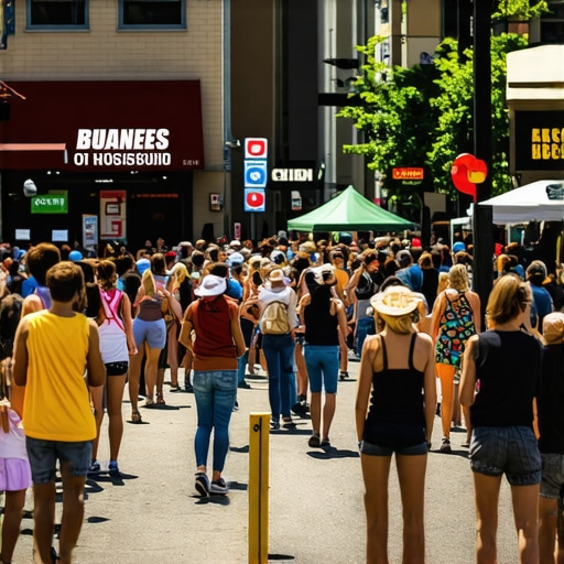 Neighborhood community event with digital map overlays of local businesses.