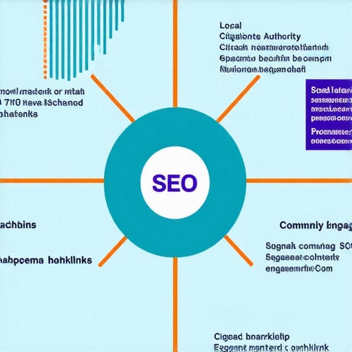 Diagram showcasing interconnected local SEO signals like citations, backlinks, schema, and community involvement.