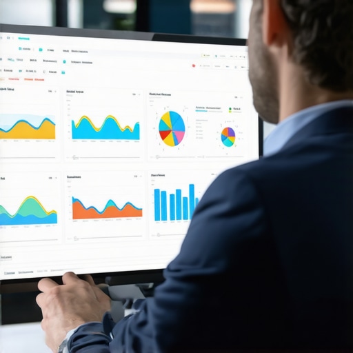 Businessman reviewing analytics dashboard with maps and charts for local SEO optimization.