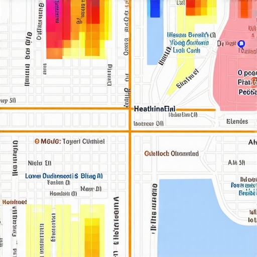 A digital map with colorful overlays showing pedestrian movement, heat zones, and business locations.