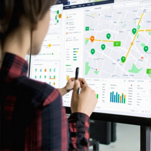 Business owner reviewing digital analytics on maps and charts