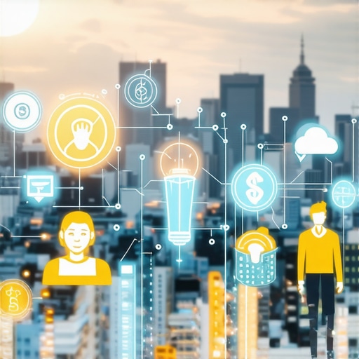 Illustration of a local shop with digital icons representing SEO and maps centered around a city