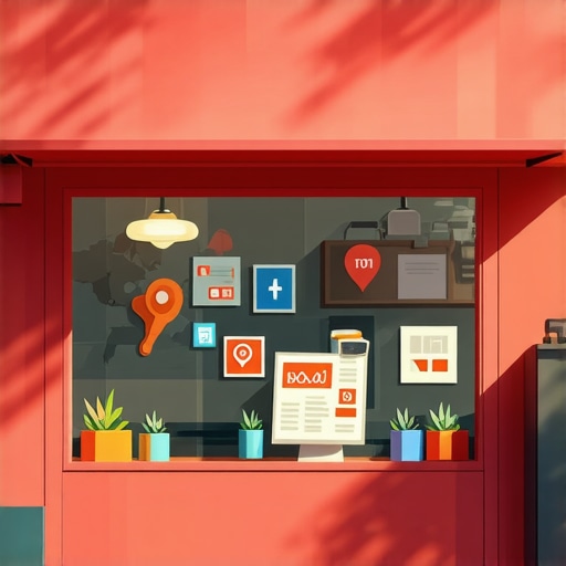 Local Business Digital Marketing A modern local storefront surrounded by digital marketing icons and map indicators.