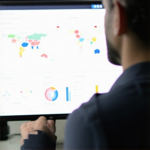 Business owner reviewing local SEO performance data with maps and analytics charts.