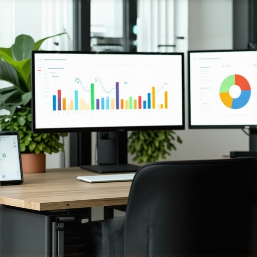 Person analyzing local SEO metrics on multiple screens in a digital workspace