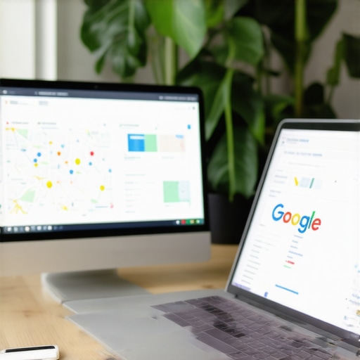 Local SEO Specialist Analyzing Data A professional researcher examining local SEO metrics on a laptop with maps and charts