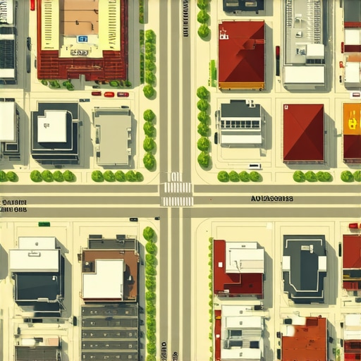 A vibrant city street map showing various local businesses and landmarks during sunset.