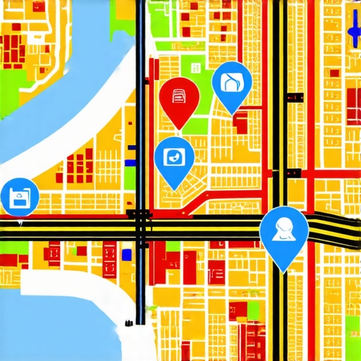 City map illustrating local business locations and digital interaction icons.
