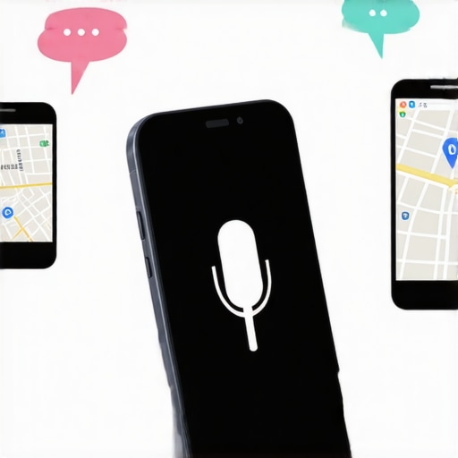 Diagram showing voice search optimization techniques for local SEO with smartphones and speech icons.