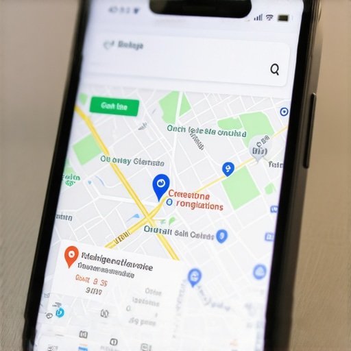 Smartphone showing local search results optimized with schema markup and voice search features.