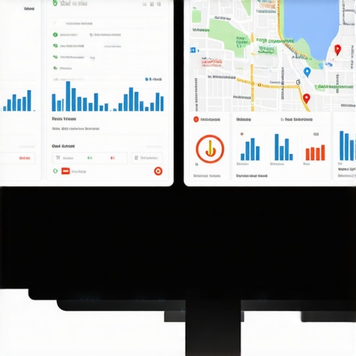 Close-up of a digital dashboard showing local SEO performance metrics and map visualizations.