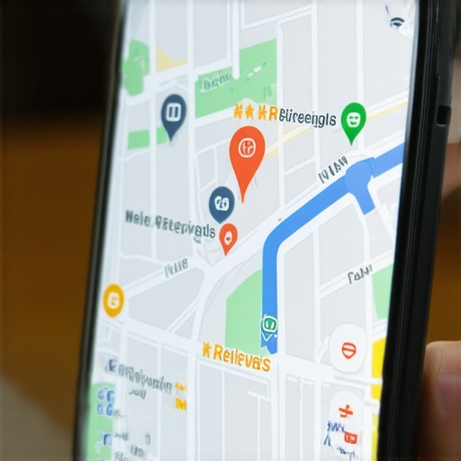 Smartphone screen showing local business map, reviews, and photos.
