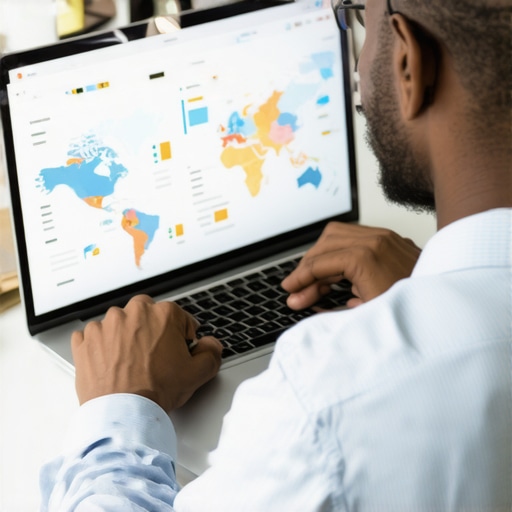A digital marketing expert reviewing local SEO metrics on a laptop, with maps and graphs.