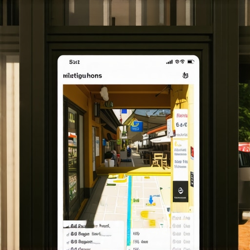 Smartphone displaying augmented reality neighborhood map overlay with local business highlights.