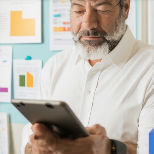 Business owner checking NAP data accuracy on tablet amid local directories.