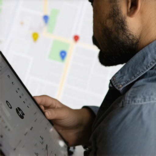 Business owner reviewing local SEO analytics on tablet with city map background.
