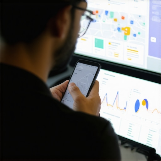 Business owner reviewing local SEO analytics on a smartphone with maps and graphs.