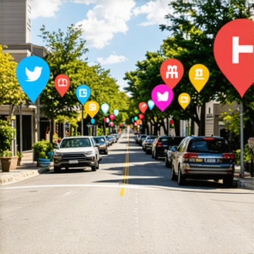 Neighborhood with digital engagement overlays demonstrating local SEO signals.