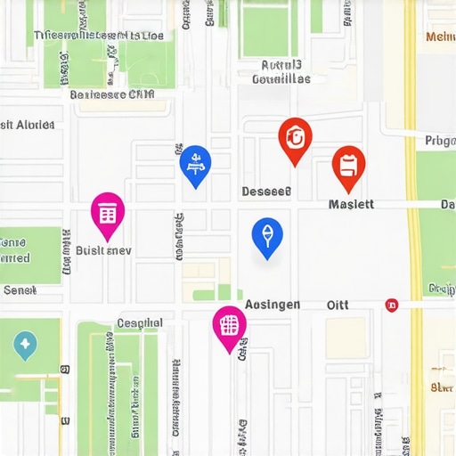 Futuristic digital map showing local businesses with AR overlays