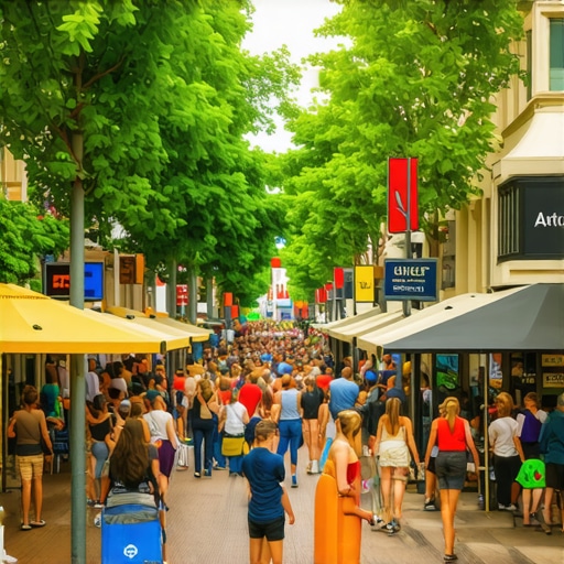 Community businesses engaging in local SEO activities with digital signage and storefronts.