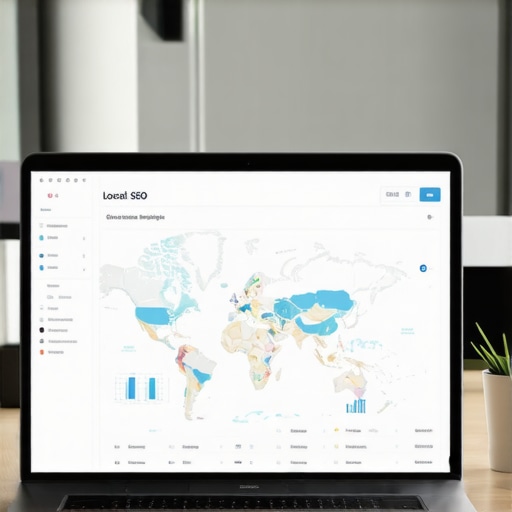 Business analytics dashboard showing local SEO metrics, maps, and performance graphs.