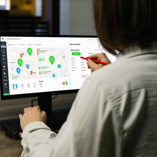 Business owner reviewing digital maps and SEO analytics for local market optimization.