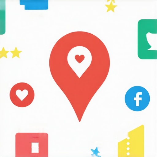 Illustration of a local business profile with reviews, social media interactions, and map icons representing SEO strategies.