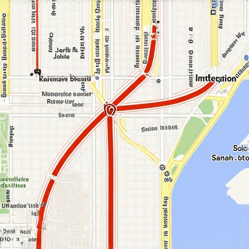Map with layered geospatial analytics and business markers.