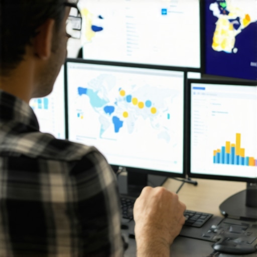 Digital marketer scrutinizing local SEO data and maps on computer screens.