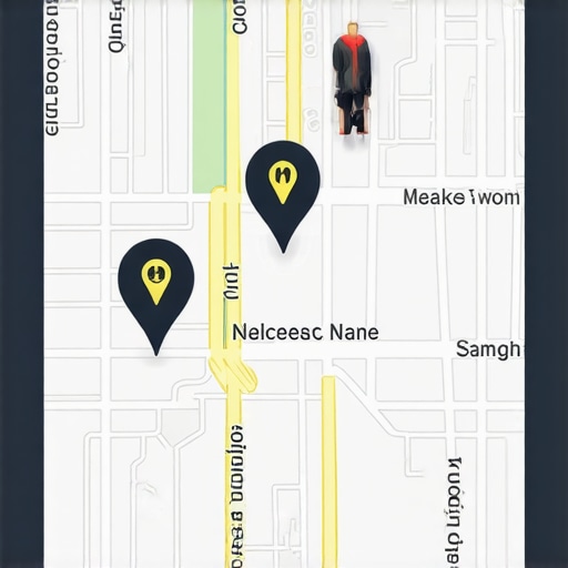 A modern digital map screen demonstrating augmented reality features highlighting local businesses