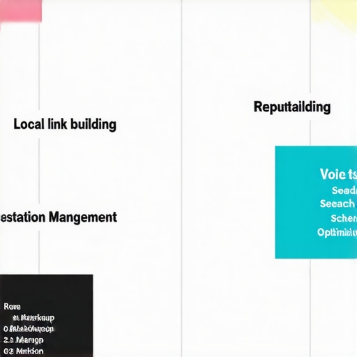 Infographic illustrating advanced local SEO strategies including link building, review management, voice search optimization, and schema markup.
